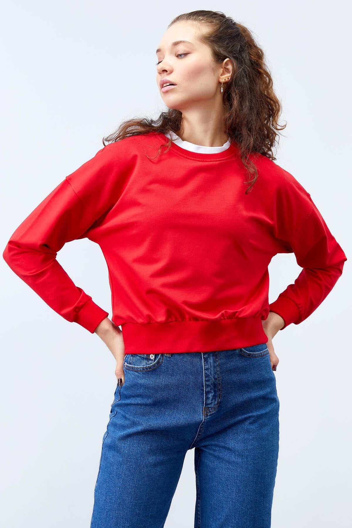 Red Basic Comfort Fit O Neck Women's Sweatshirt - 97114