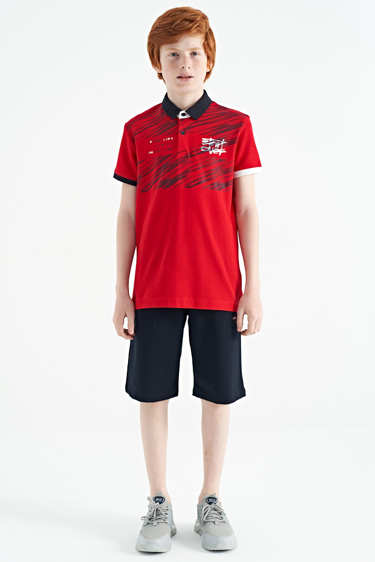 Red Print Detailed Polo Collar Standard Cut Boys T-Shirt - 11161