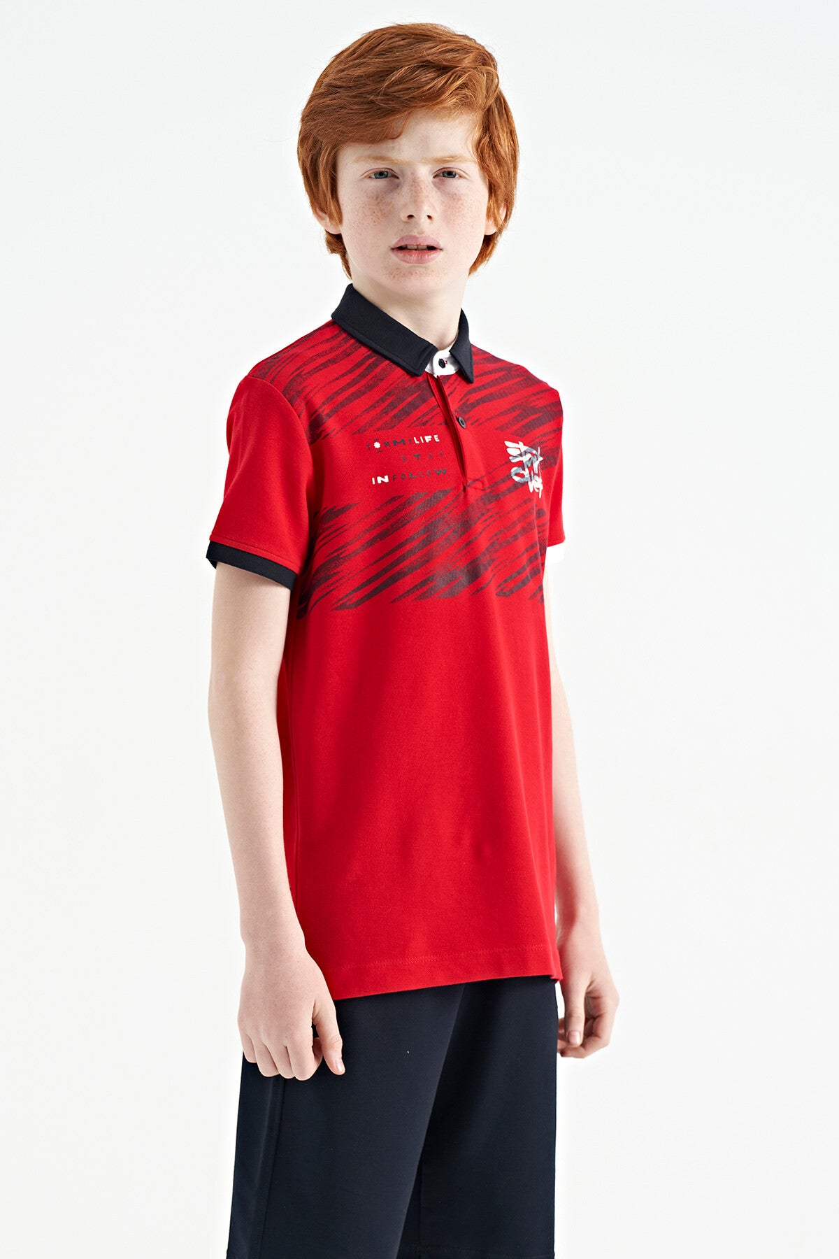 Red Print Detailed Polo Collar Standard Cut Boys T-Shirt - 11161