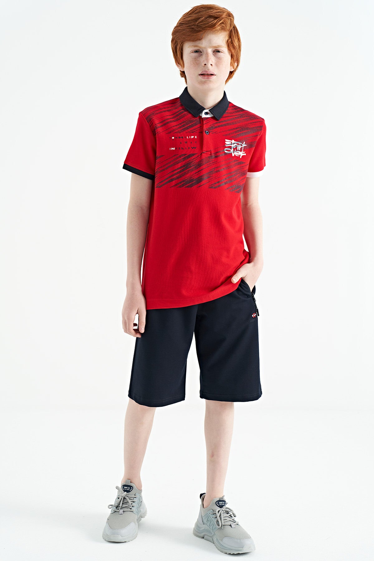 Red Print Detailed Polo Collar Standard Cut Boys T-Shirt - 11161