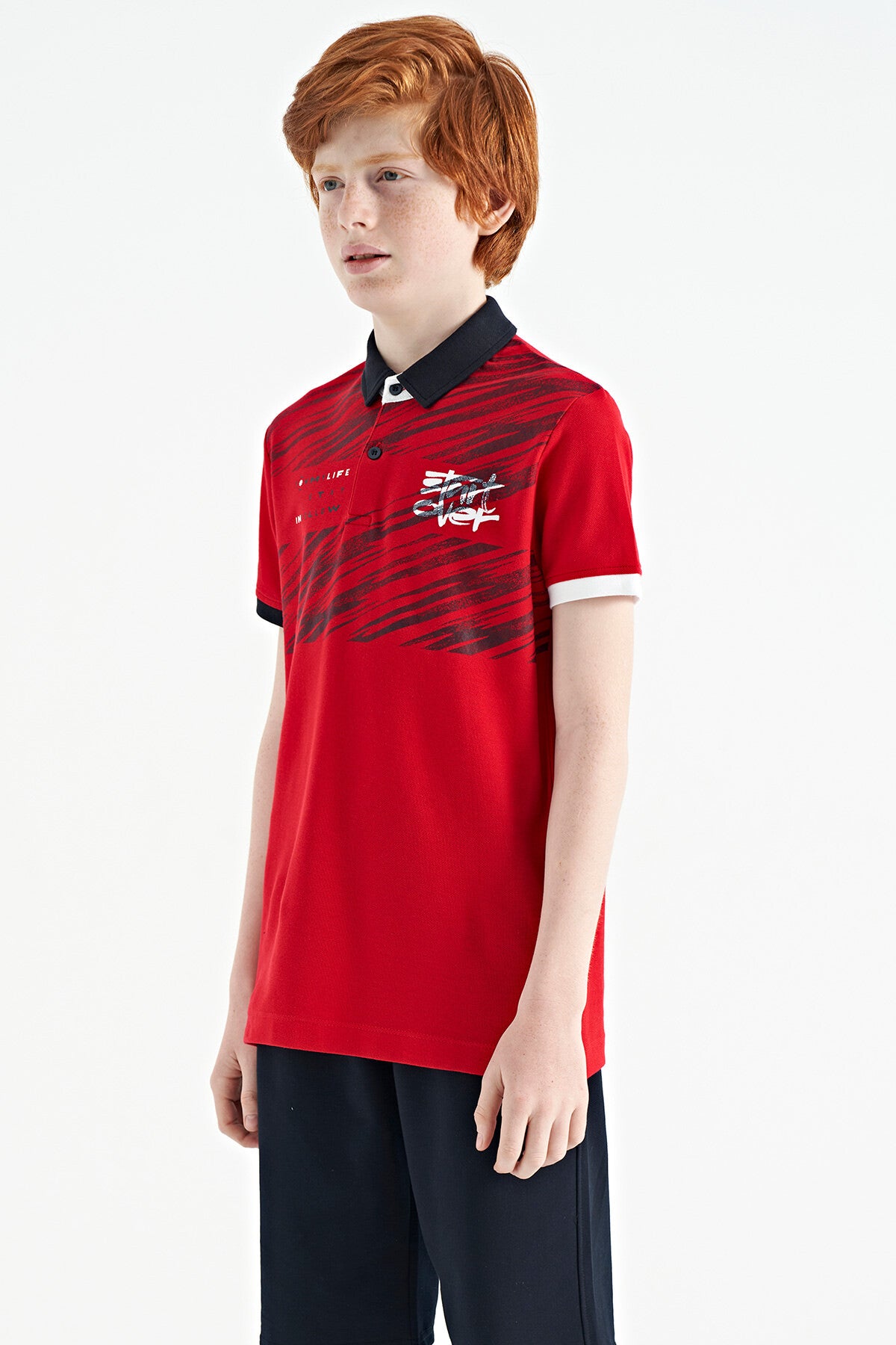 Red Print Detailed Polo Collar Standard Cut Boys T-Shirt - 11161