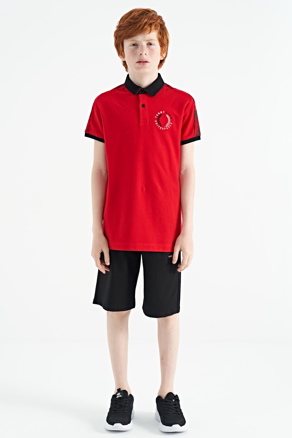 Red Print Detailed Polo Collar Standard Cut Boys T-Shirt - 11166
