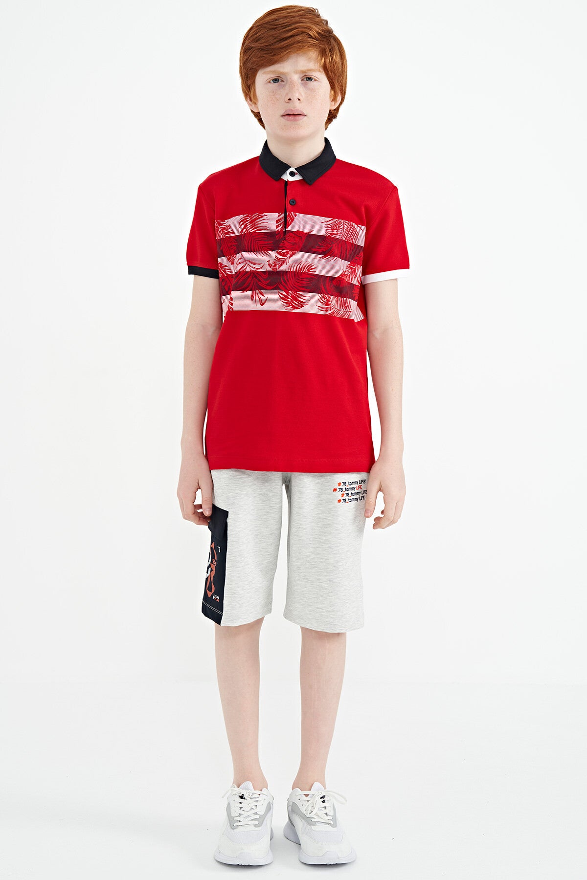 Red Print Detailed Standard Cut Polo Collar Boys T-Shirt - 11101