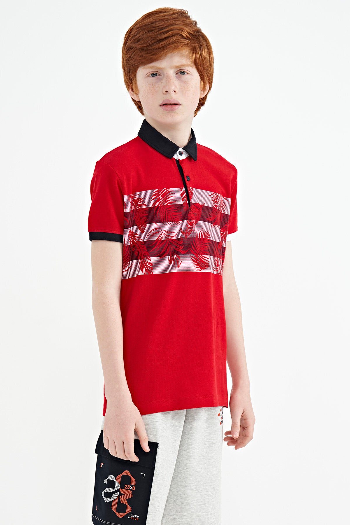 Red Print Detailed Standard Cut Polo Collar Boys T-Shirt - 11101