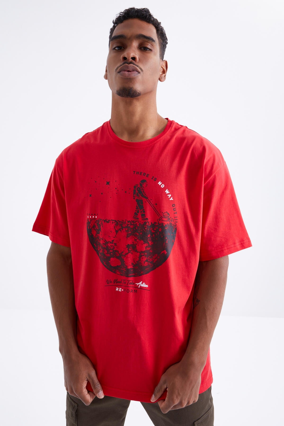 Red Printed O Collar Men's Oversize T-Shirt - 88098
