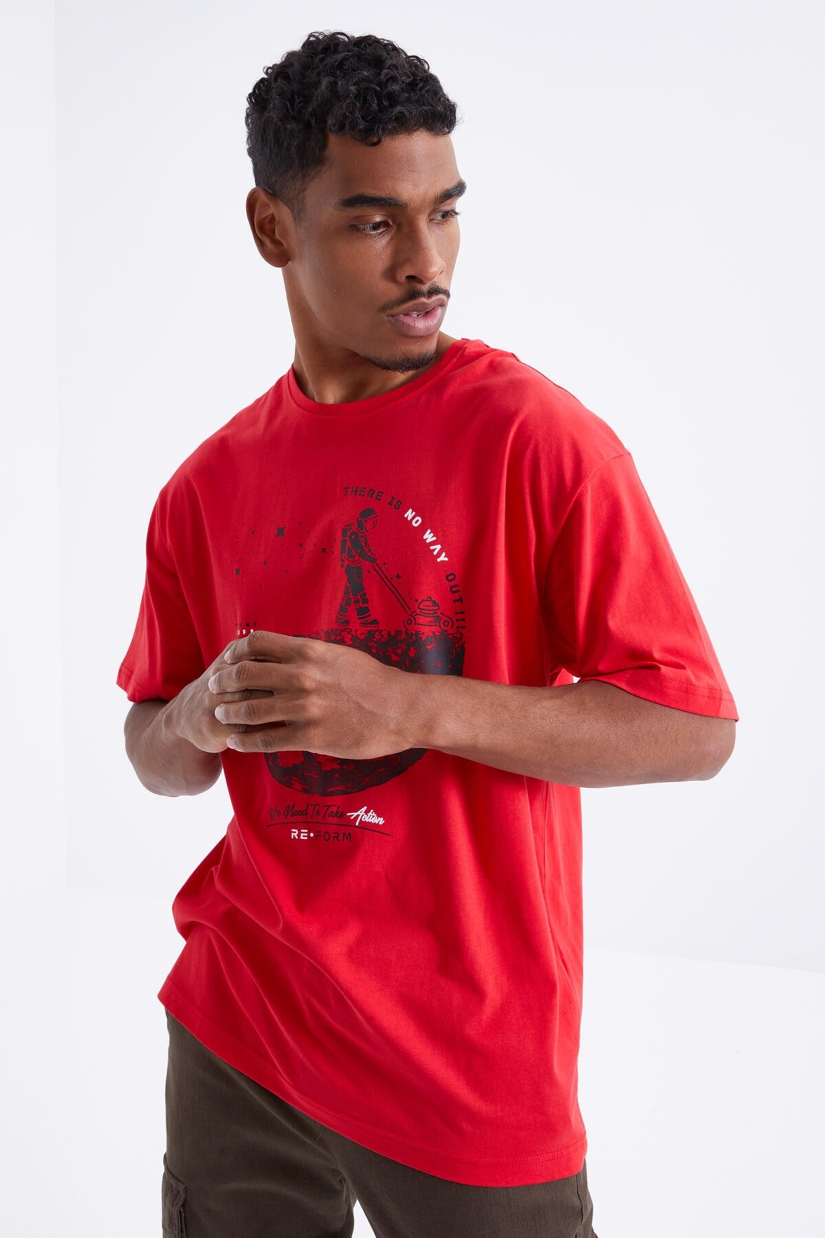 Red Printed O Collar Men's Oversize T-Shirt - 88098