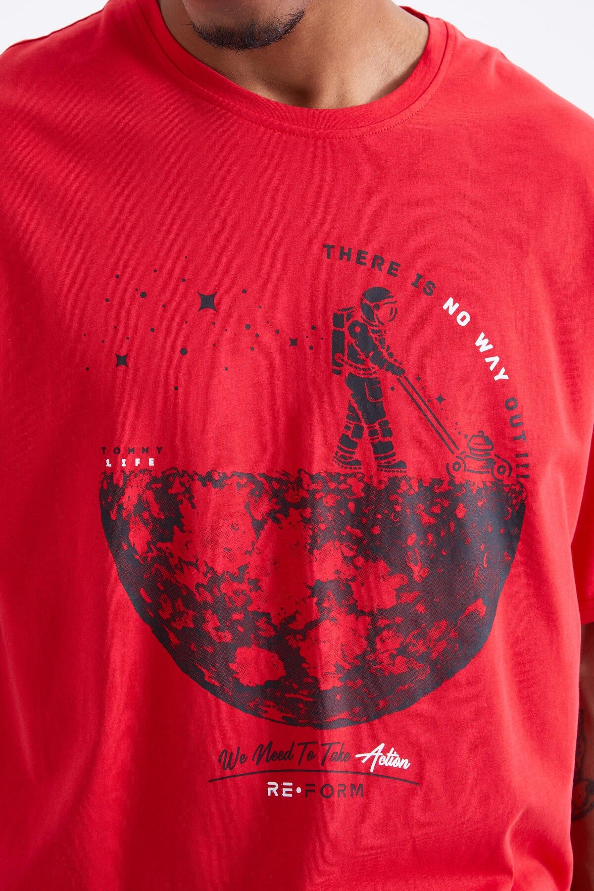 Red Printed O Collar Men's Oversize T-Shirt - 88098