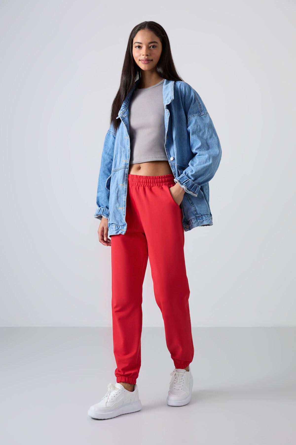 Red Pocket High Waist Comfortable Form Elastic Cuff Women's Tracksuit Bottom - 94583