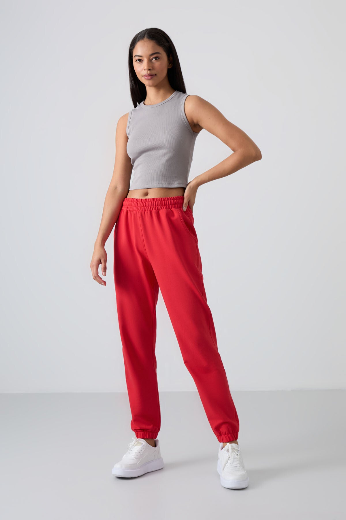 Red Pocket High Waist Comfortable Form Elastic Cuff Women's Tracksuit Bottom - 94583