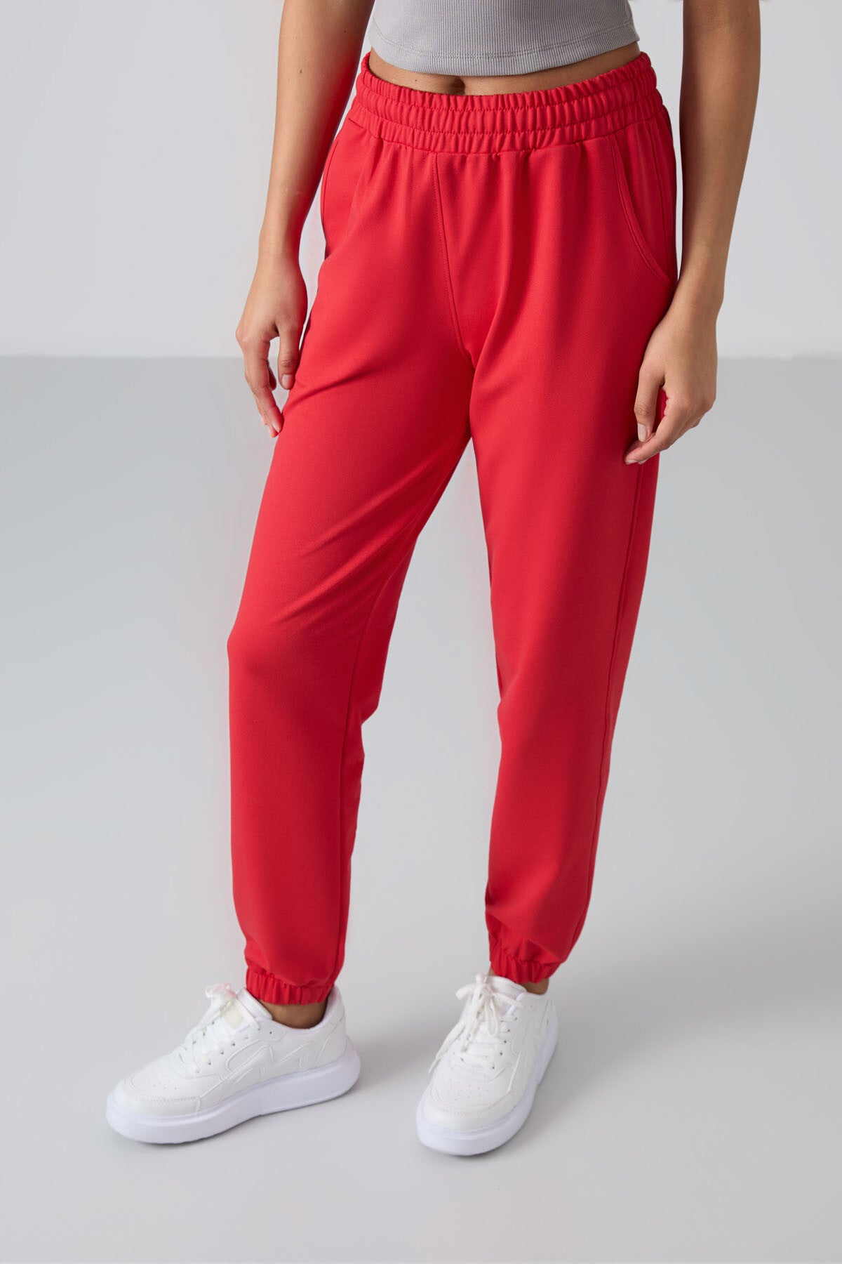 Red Pocket High Waist Comfortable Form Elastic Cuff Women's Tracksuit Bottom - 94583