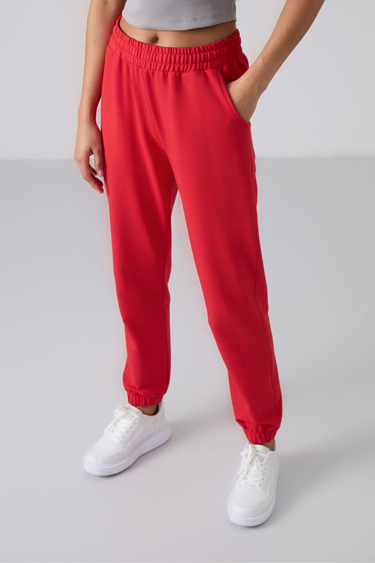 Red Pocket High Waist Comfortable Form Elastic Cuff Women's Tracksuit Bottom - 94583