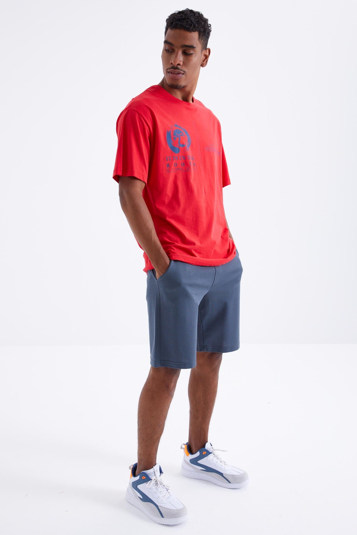 Red Minimal Print O Collar Men's Oversize T-Shirt - 88096