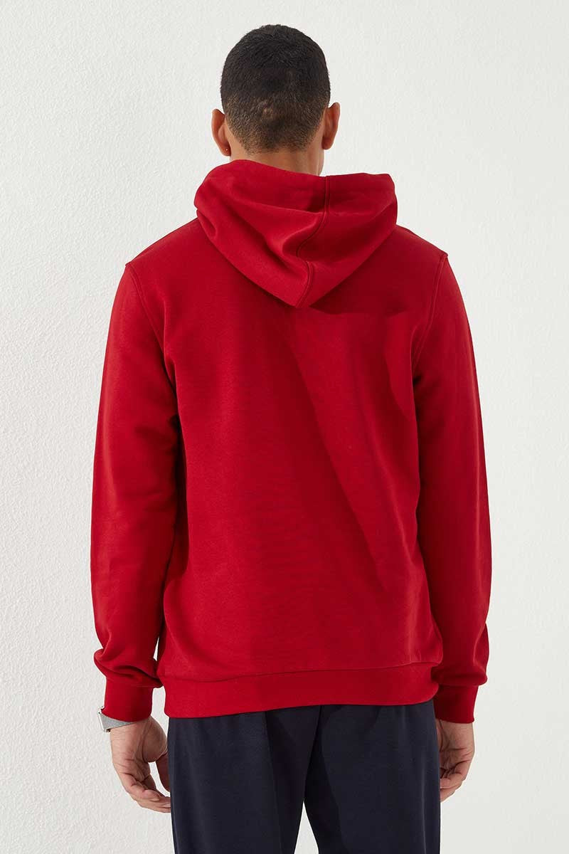 Red Embroidered Kangaroo Pocket Standard Fit Hooded Men's Sweatshirt - 87839