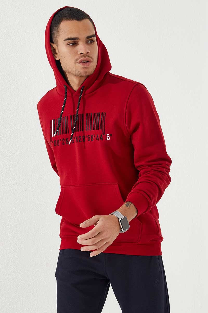 Red Embroidered Kangaroo Pocket Standard Fit Hooded Men's Sweatshirt - 87839
