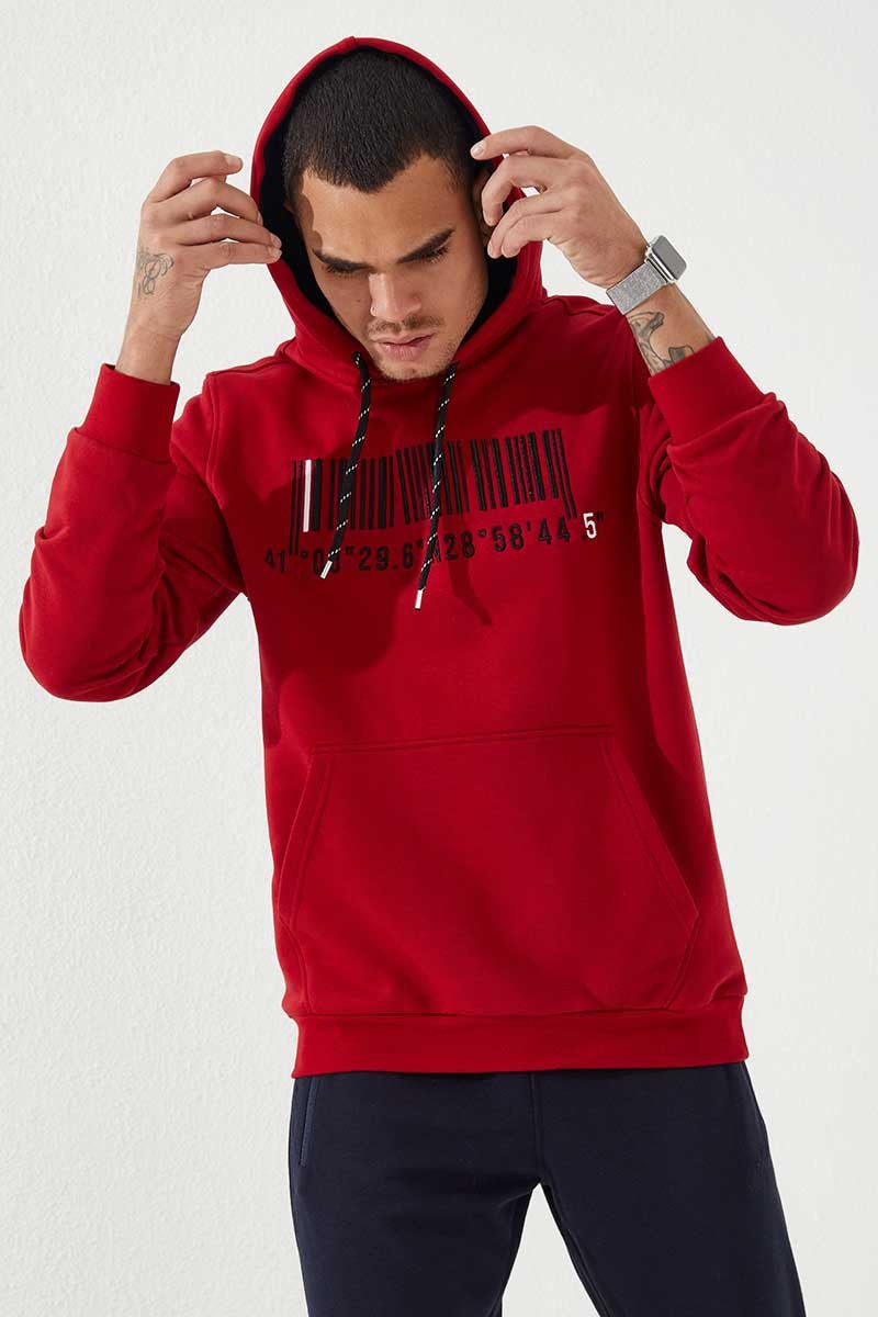 Red Embroidered Kangaroo Pocket Standard Fit Hooded Men's Sweatshirt - 87839