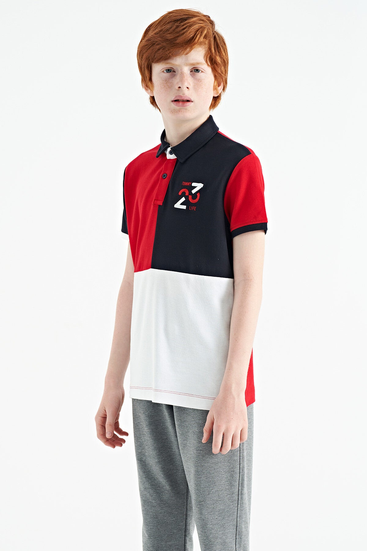 Red Color Block Embroidered Detailed Standard Fit Polo Collar Boys T-Shirt - 11108