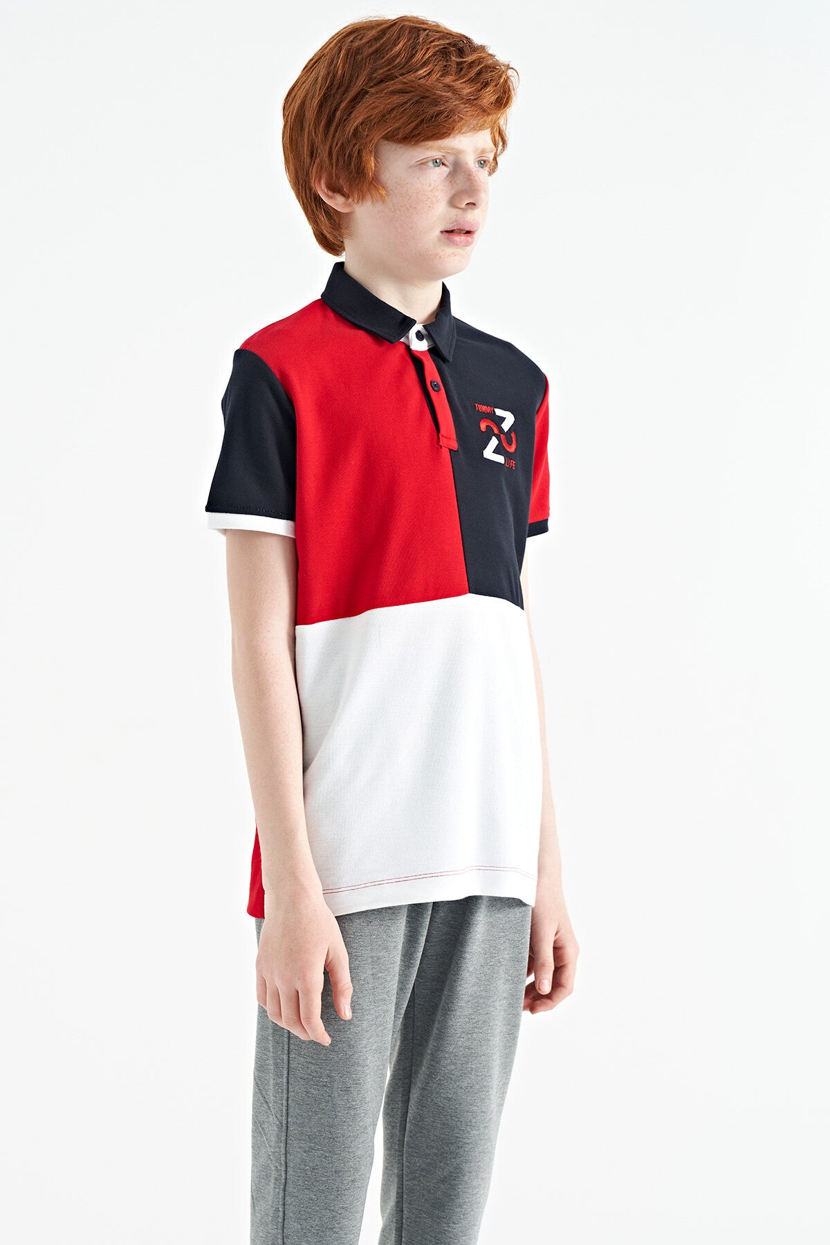 Red Color Block Embroidered Detailed Standard Fit Polo Collar Boys T-Shirt - 11108