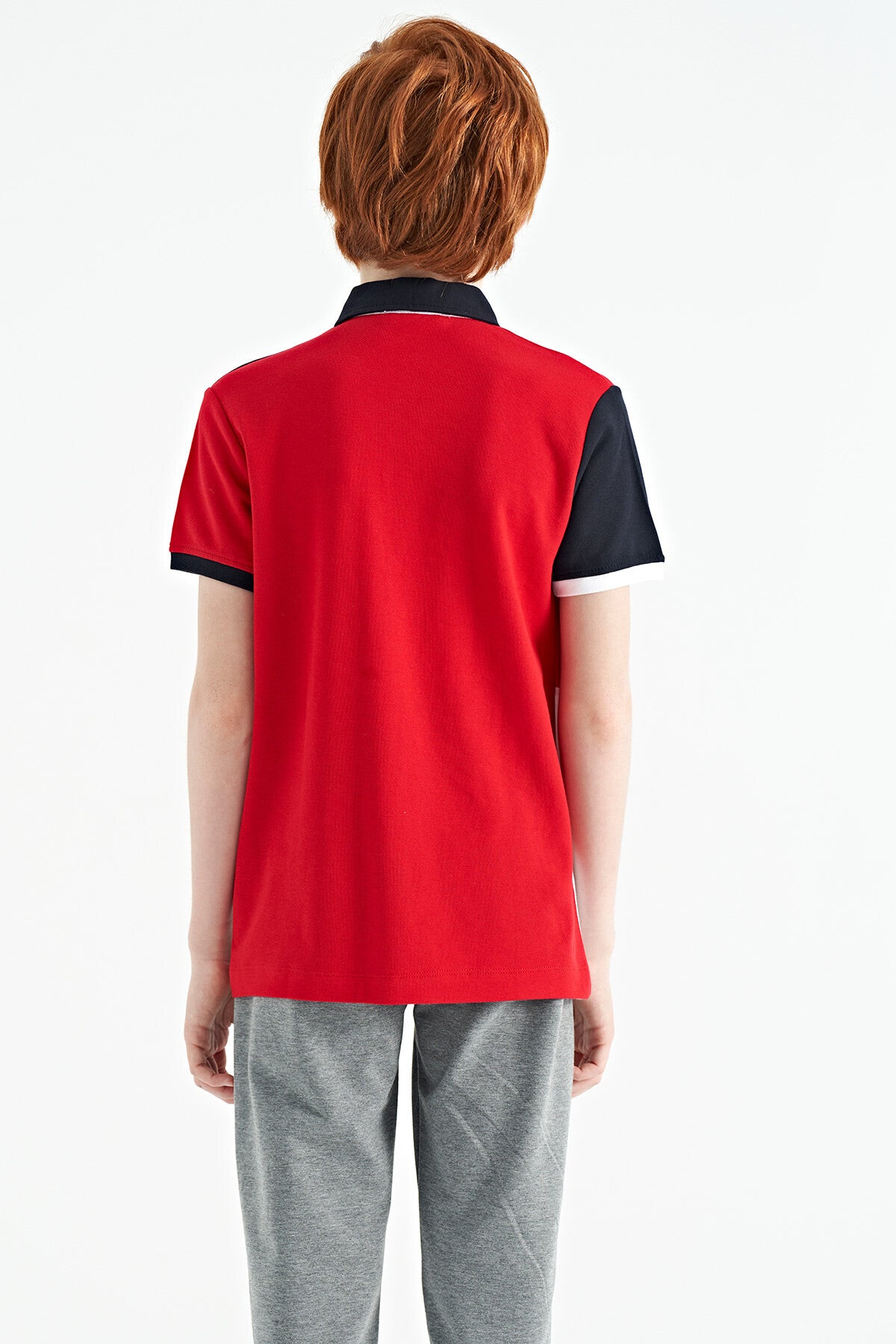 Red Color Block Embroidered Detailed Standard Fit Polo Collar Boys T-Shirt - 11108
