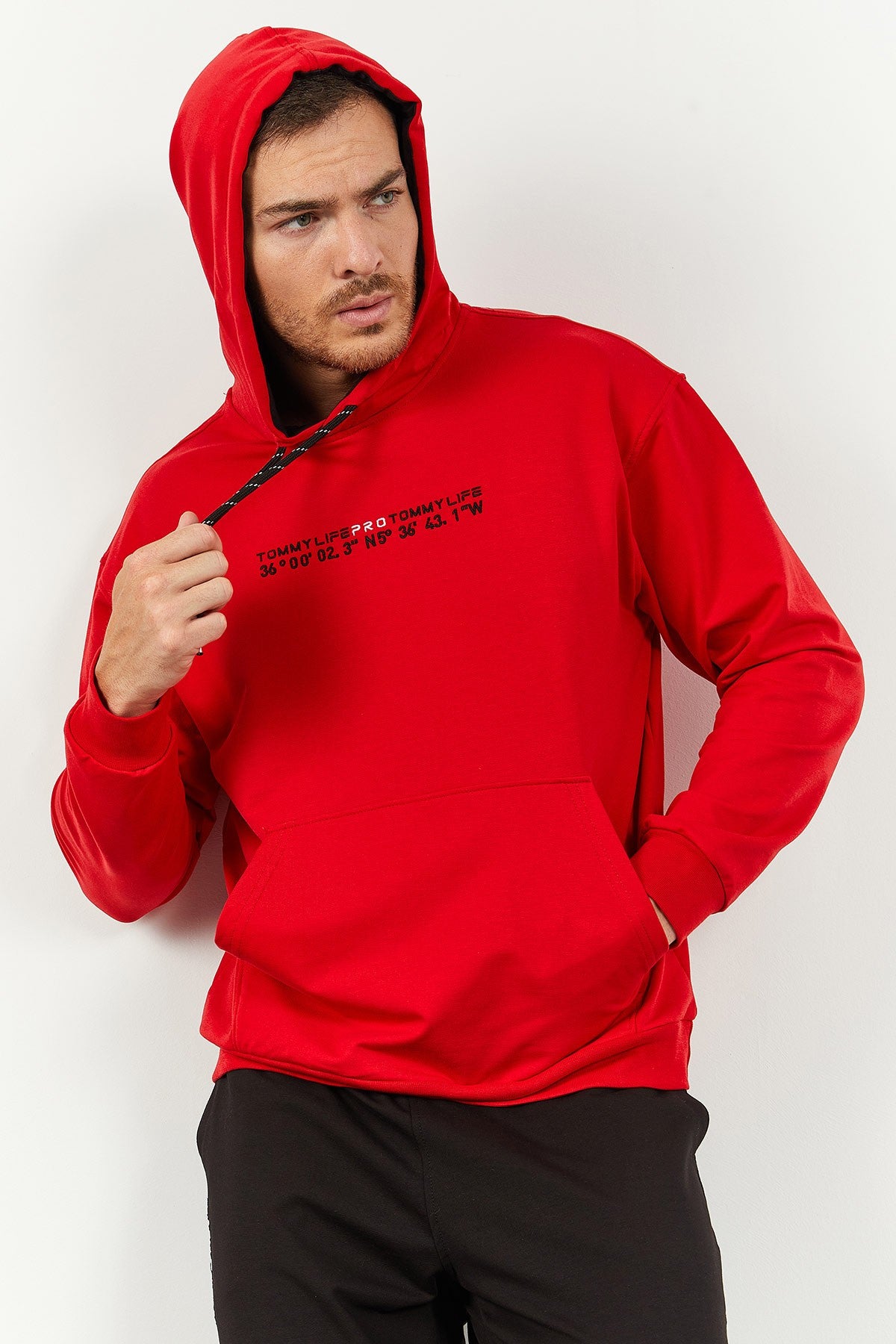 Red and black hooded kangaroo pocket rubber sleeve oversized tracksuit- 85117