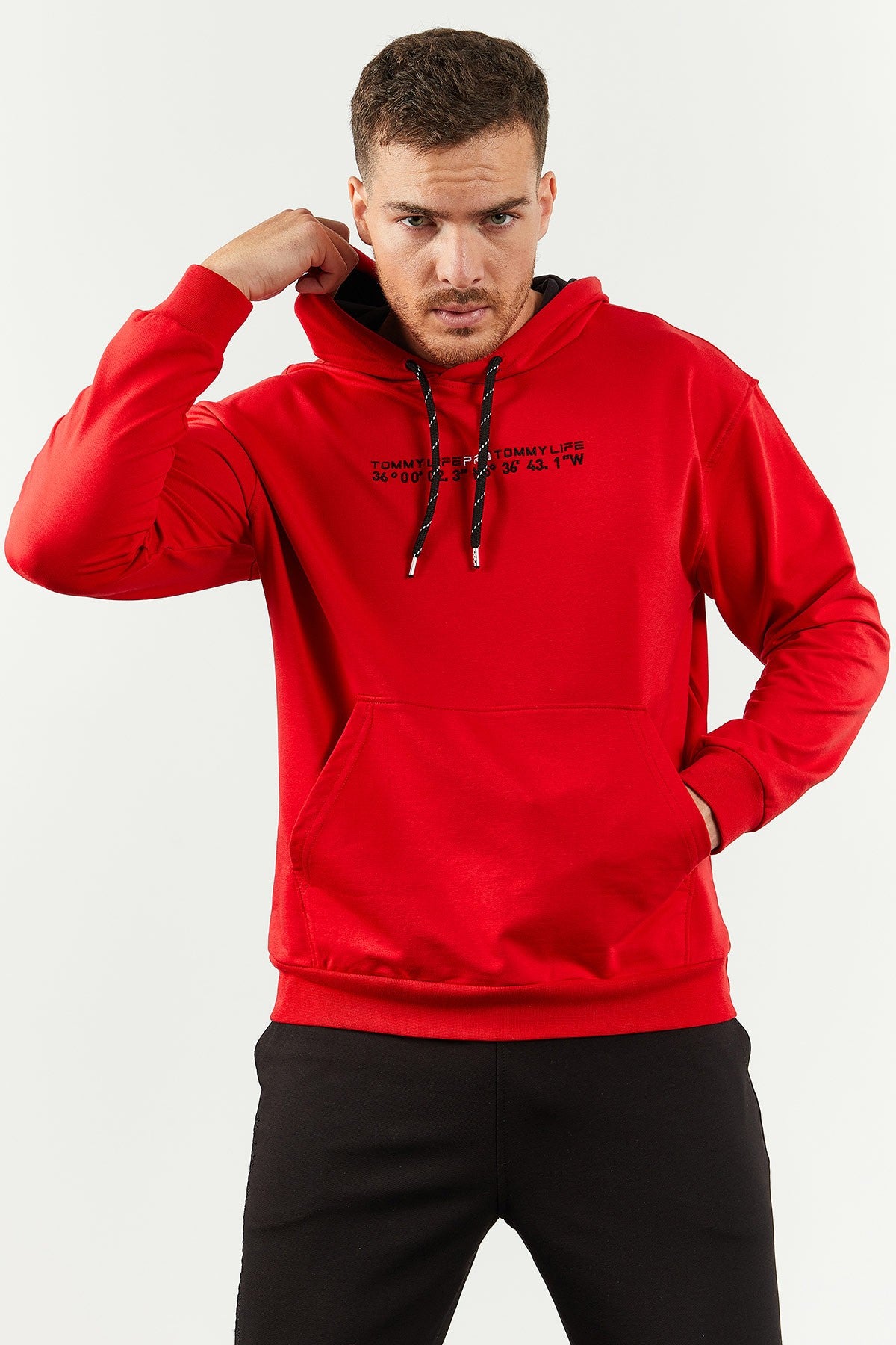Red and black hooded kangaroo pocket rubber sleeve oversized tracksuit- 85117