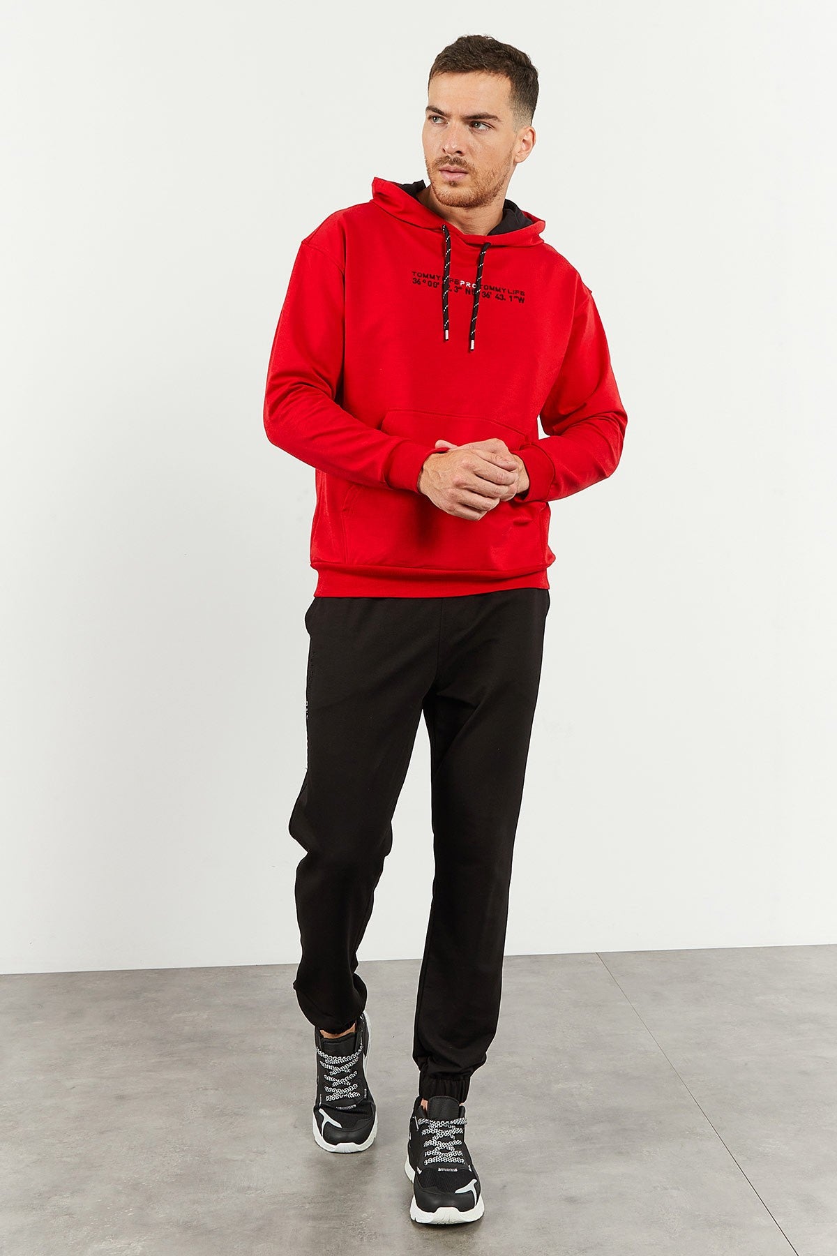 Red and black hooded kangaroo pocket rubber sleeve oversized tracksuit- 85117