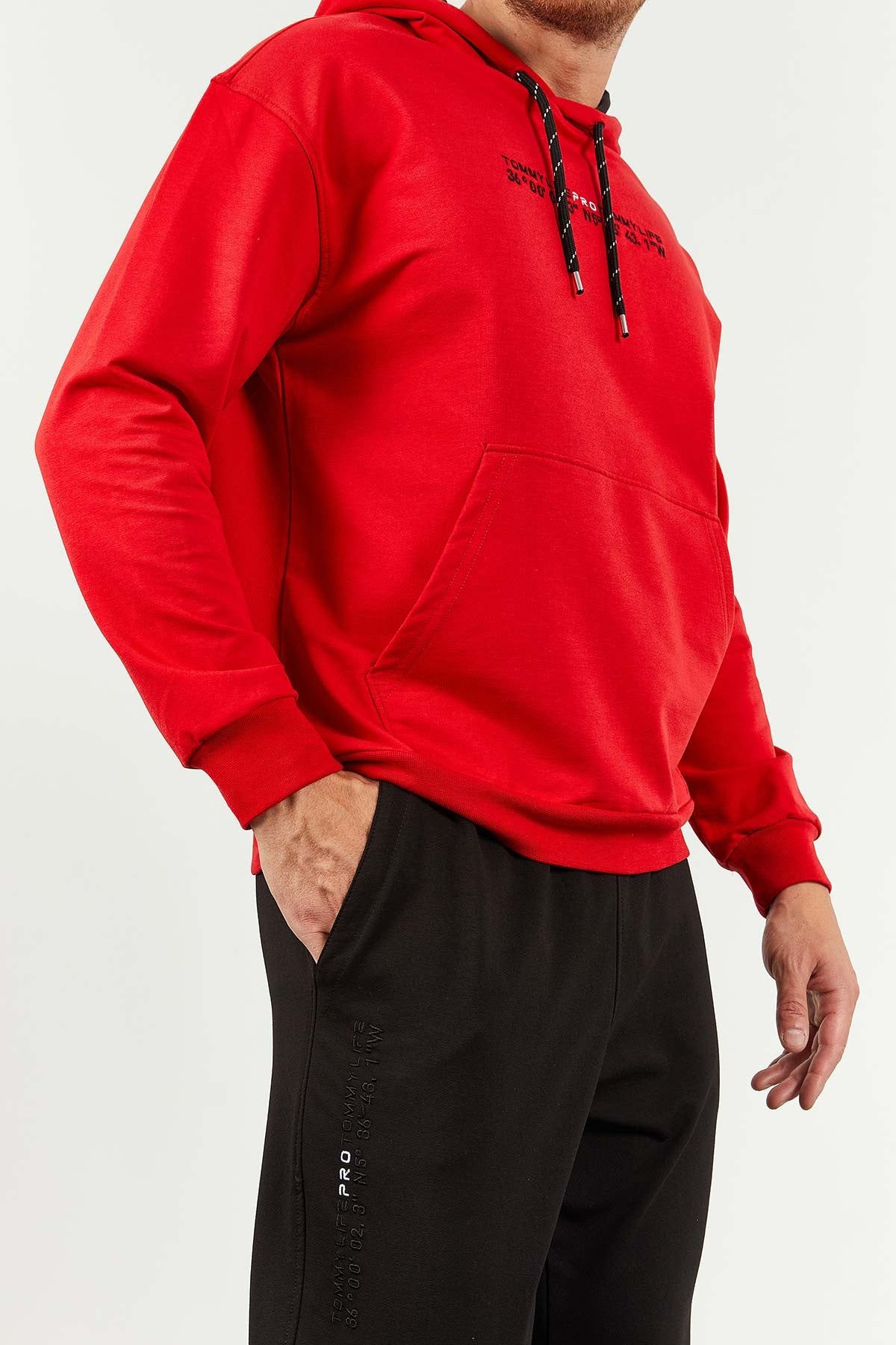Red and black hooded kangaroo pocket rubber sleeve oversized tracksuit- 85117