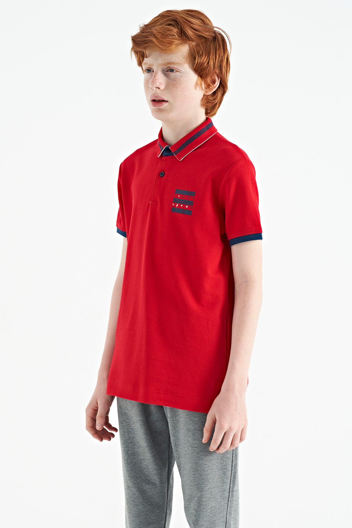 Red Collar Color Block Print Detailed Standard Fit Boys' T-Shirt - 11111