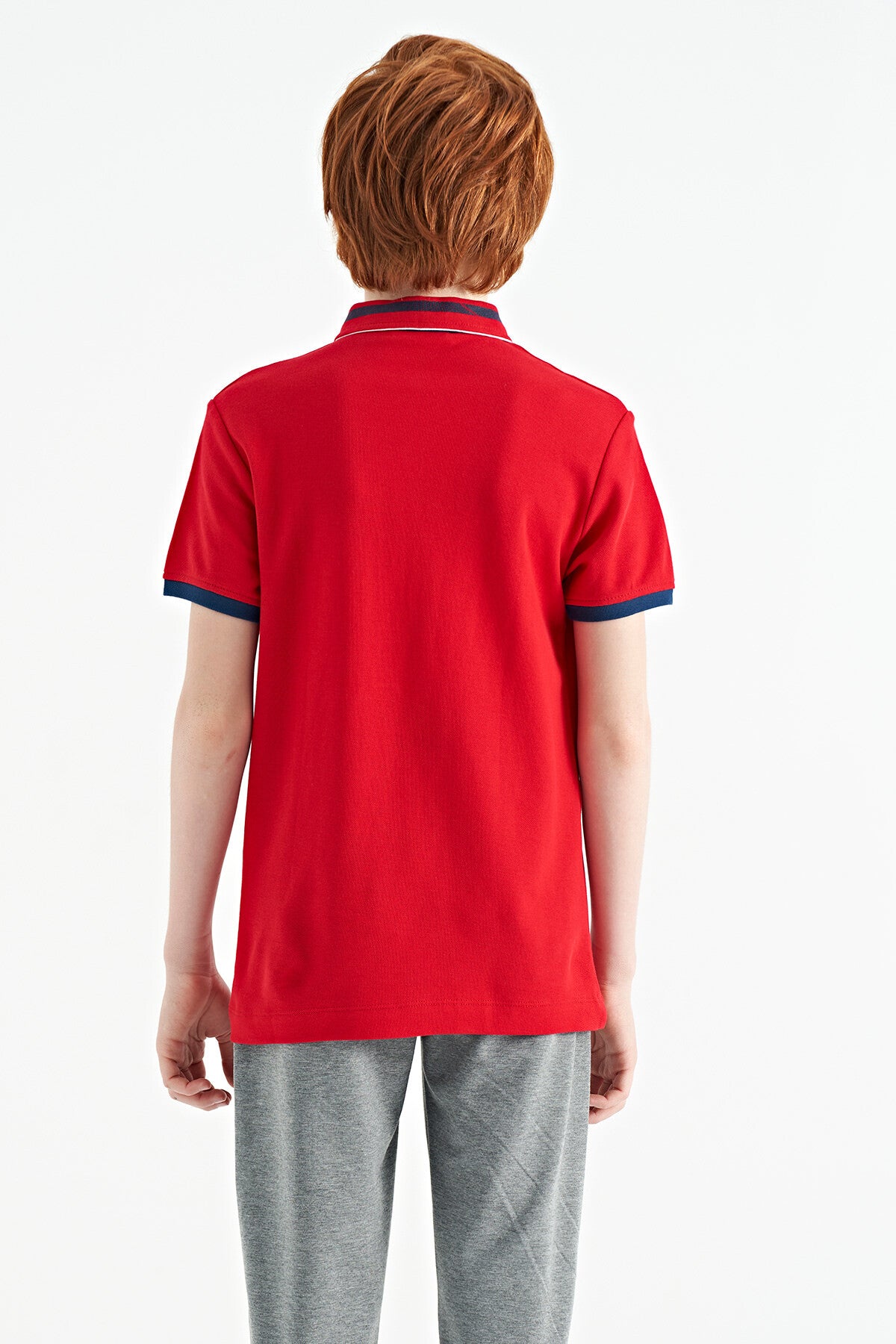 Red Collar Color Block Print Detailed Standard Fit Boys' T-Shirt - 11111
