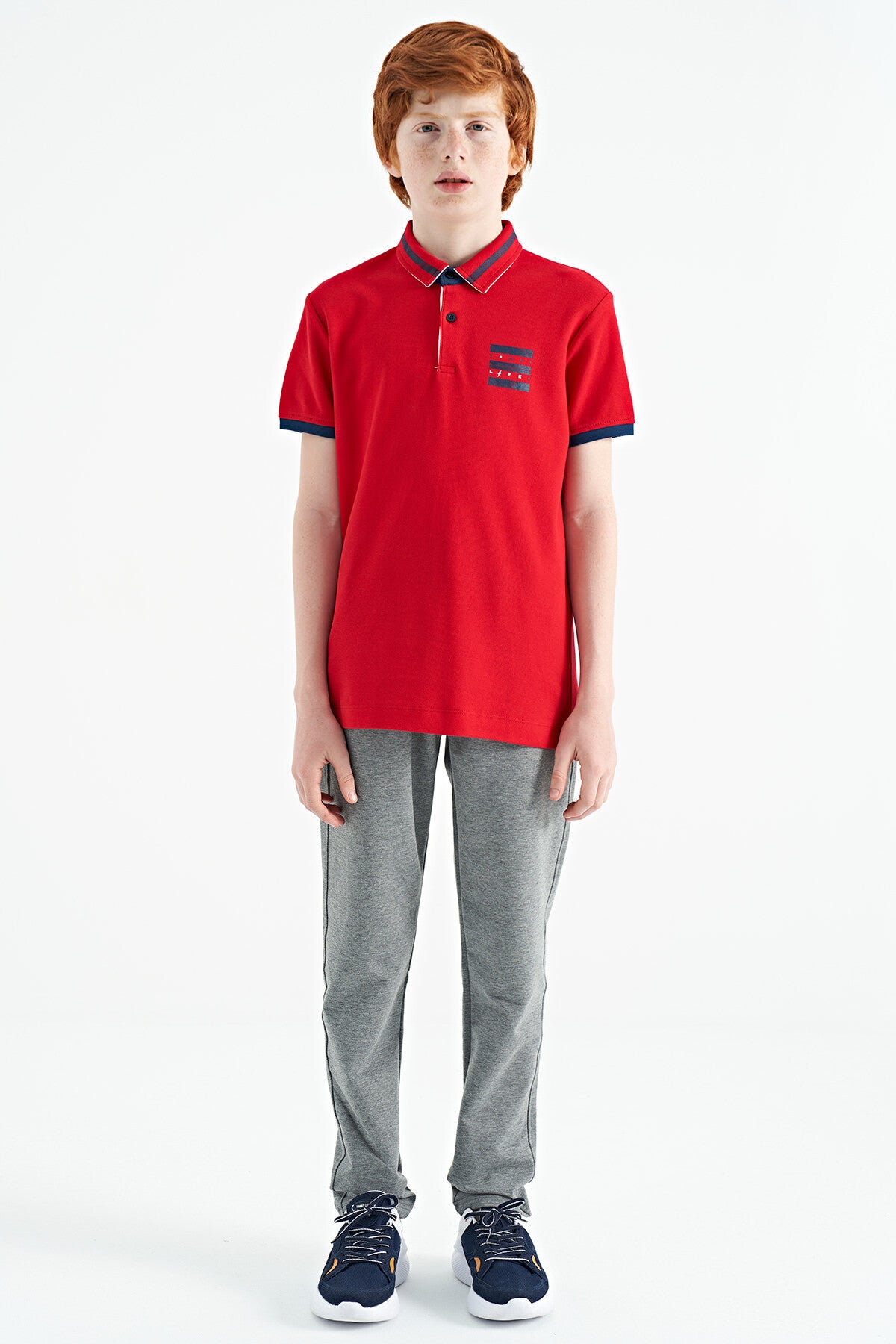 Red Collar Color Block Print Detailed Standard Fit Boys' T-Shirt - 11111