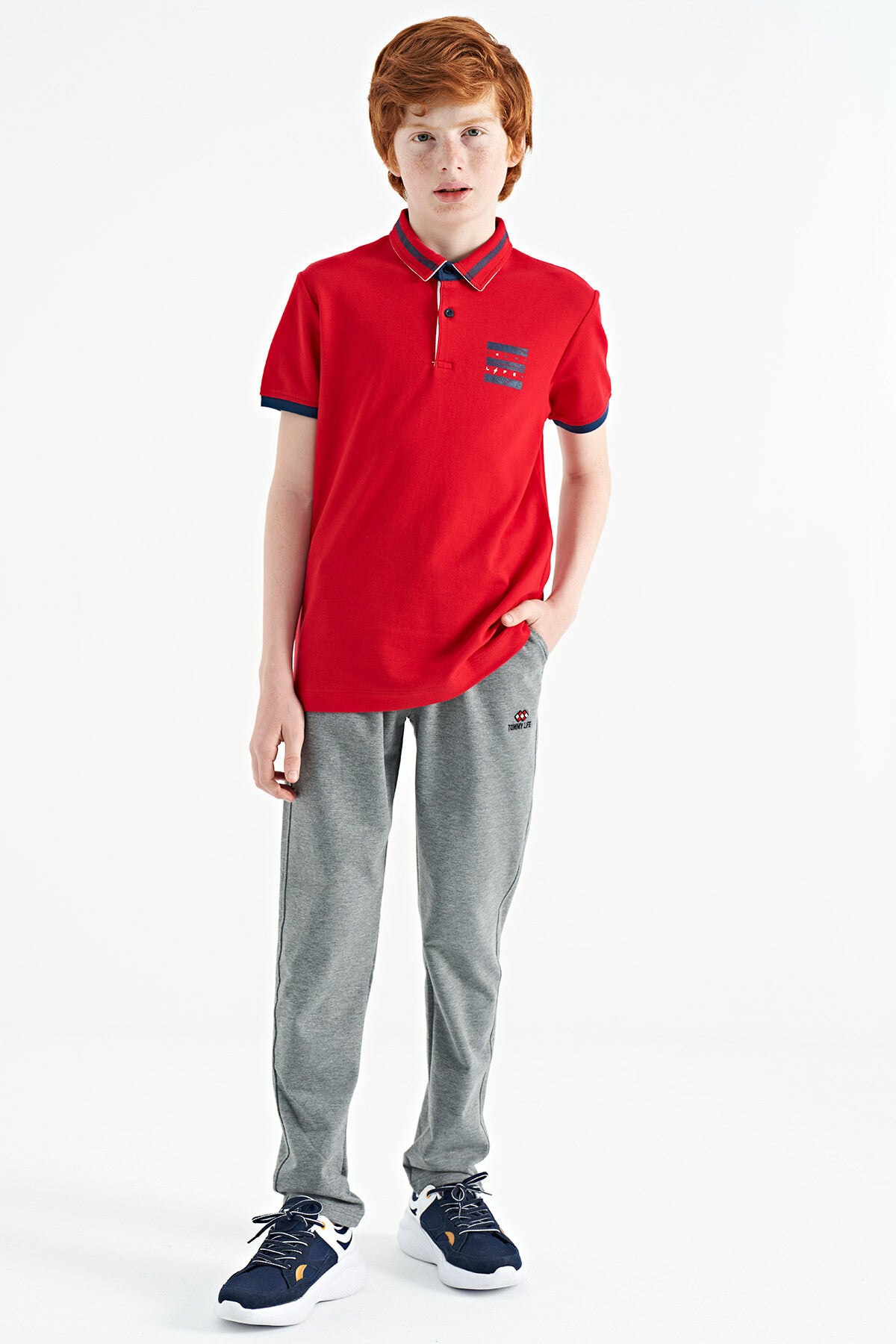 Red Collar Color Block Print Detailed Standard Fit Boys' T-Shirt - 11111