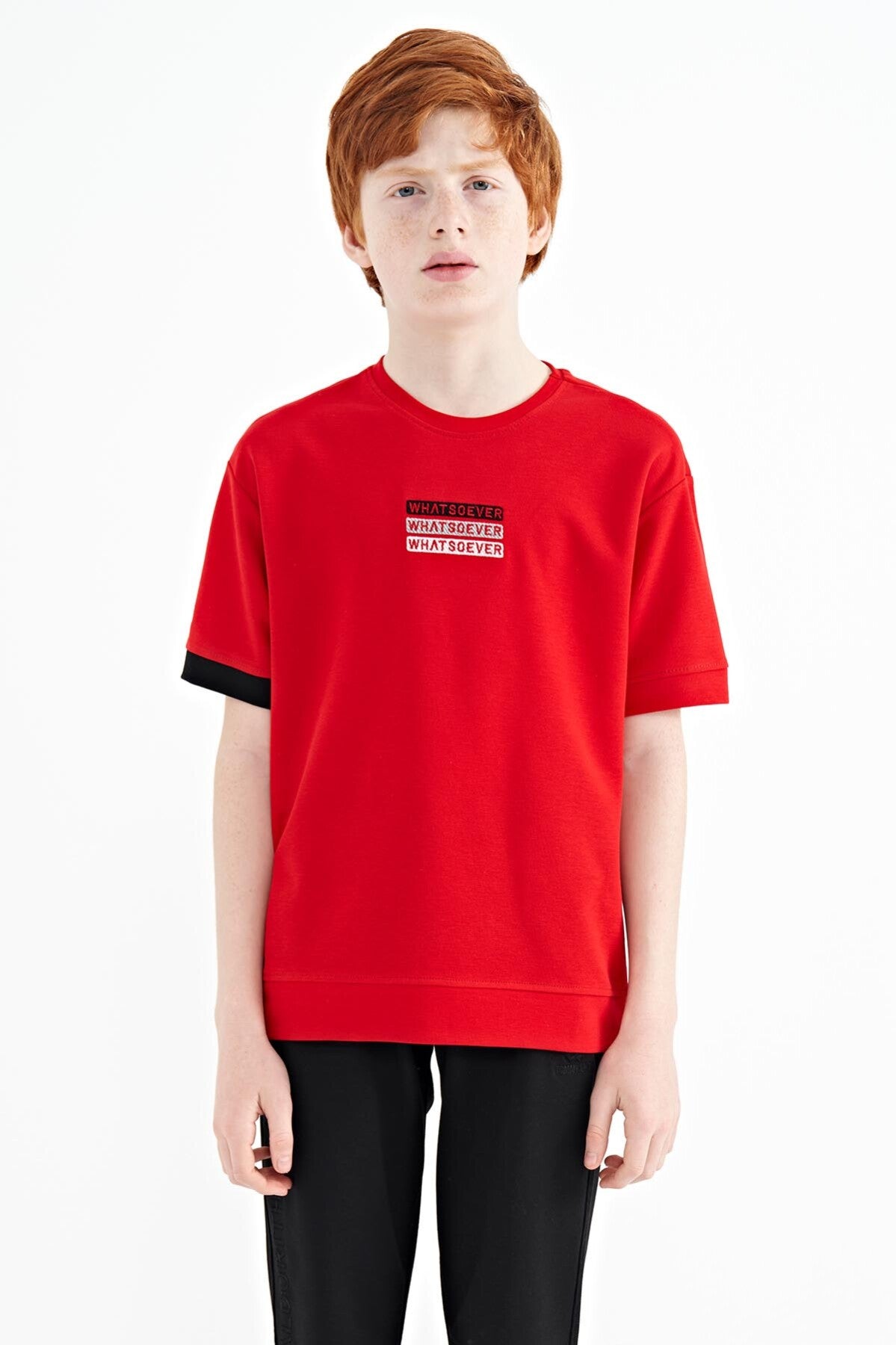 Red Embroidered O Collar Oversize Boys T-Shirt - 11146
