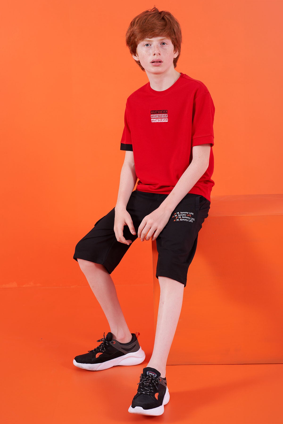 Red Embroidered O Collar Oversize Boys T-Shirt - 11146