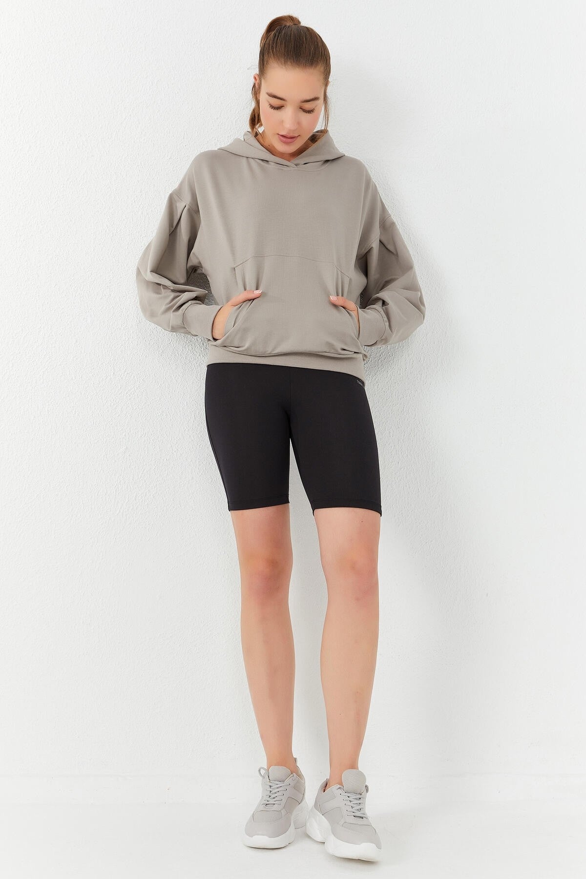 Dark Beige Balloon Sleeve Hooded Women's Oversize Sweatshirt - 97156