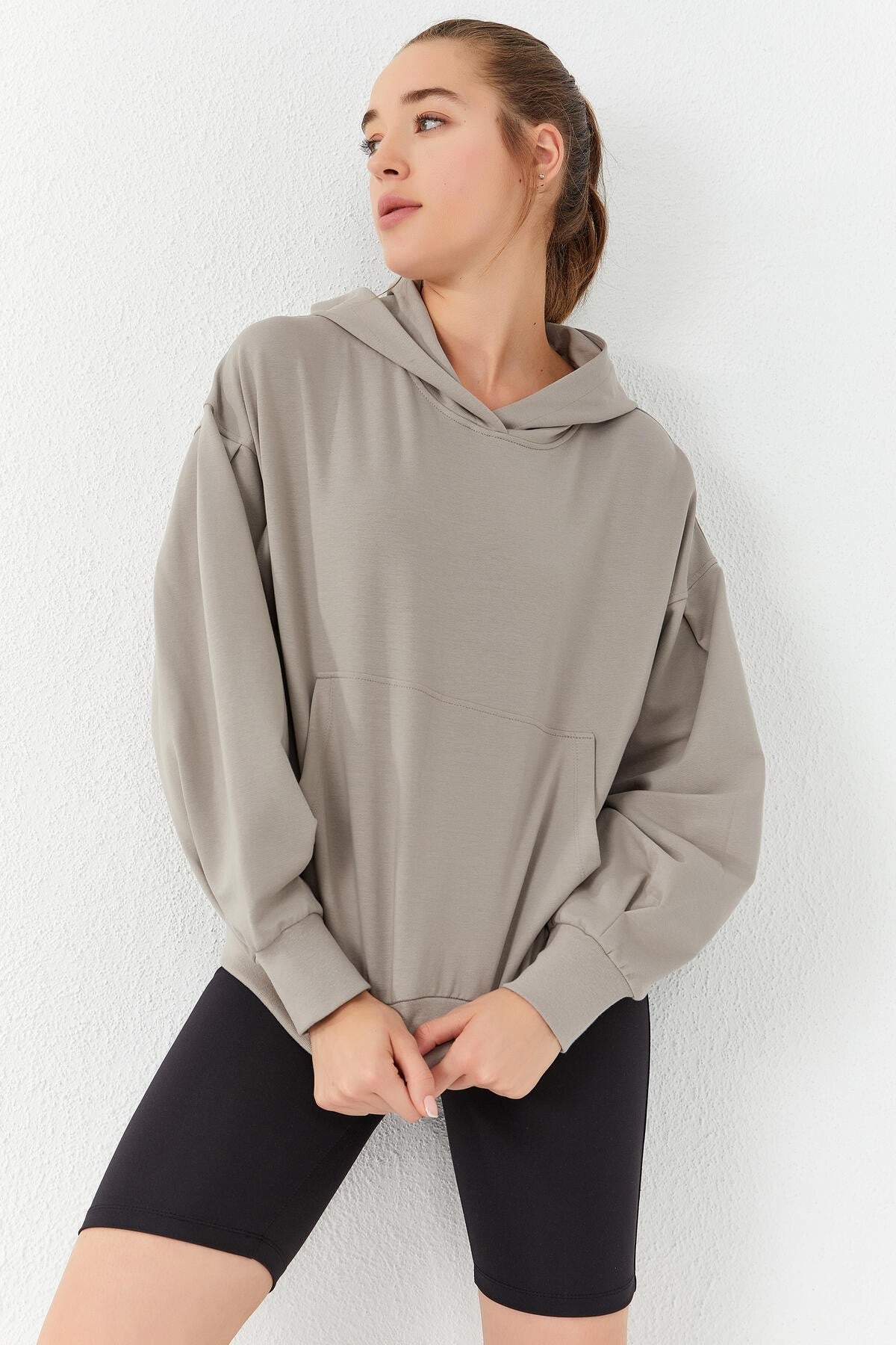 Dark Beige Balloon Sleeve Hooded Women's Oversize Sweatshirt - 97156