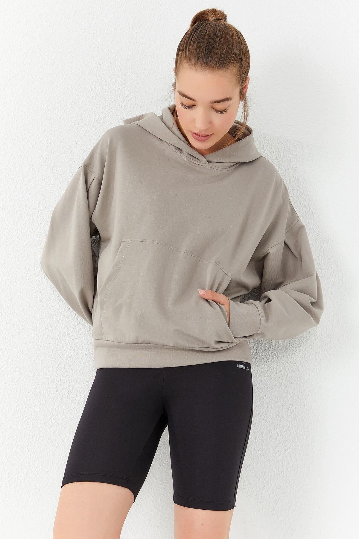 Dark Beige Balloon Sleeve Hooded Women's Oversize Sweatshirt - 97156