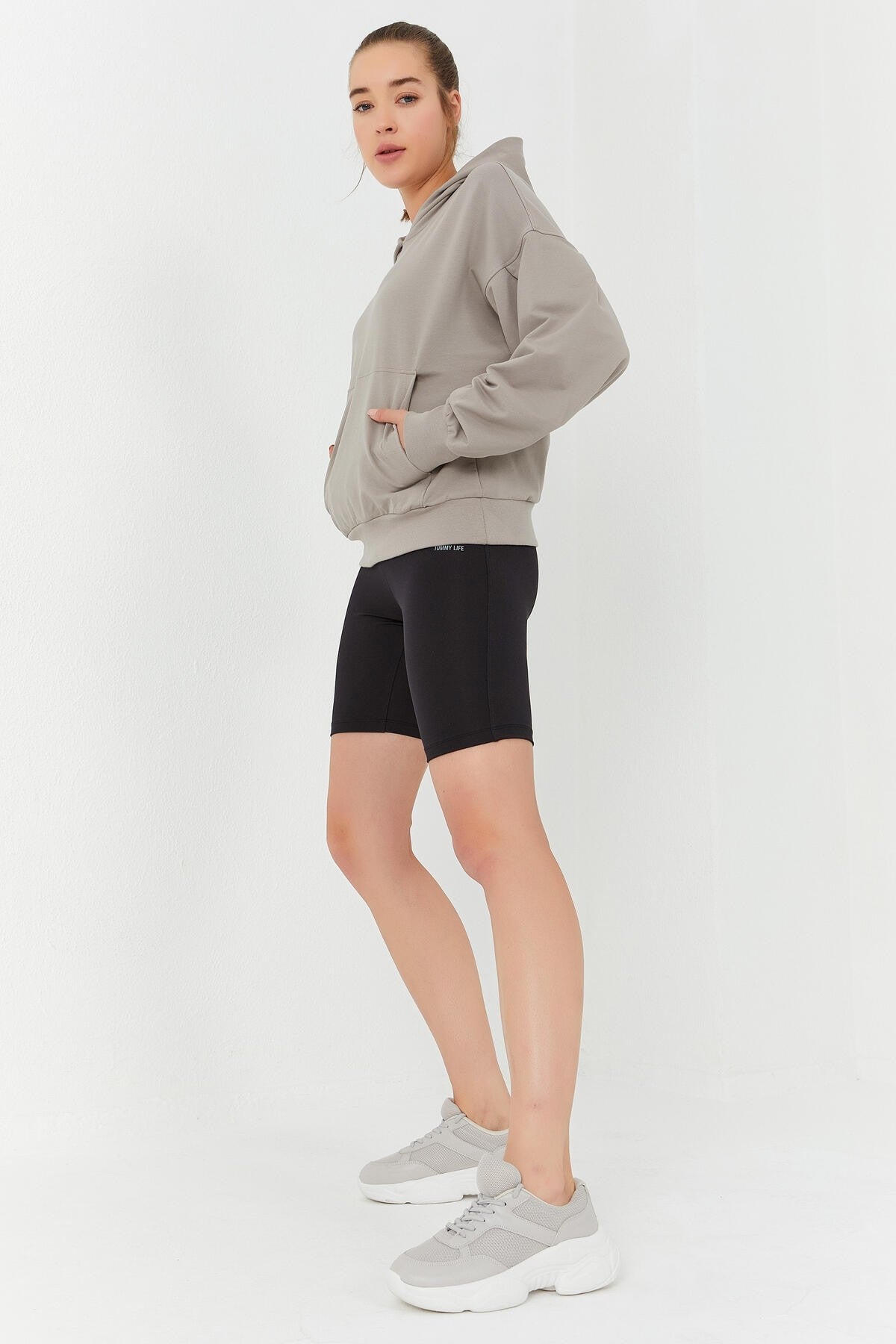 Dark Beige Balloon Sleeve Hooded Women's Oversize Sweatshirt - 97156