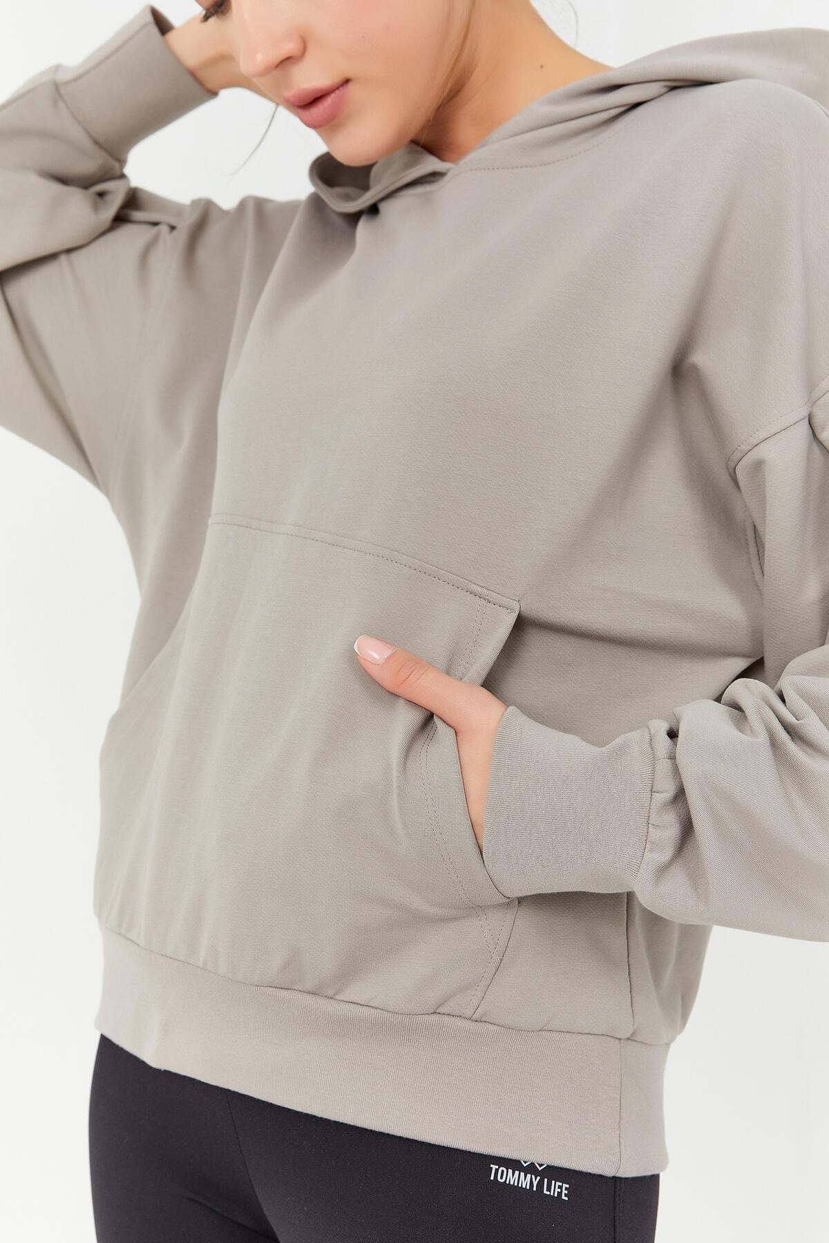 Dark Beige Balloon Sleeve Hooded Women's Oversize Sweatshirt - 97156