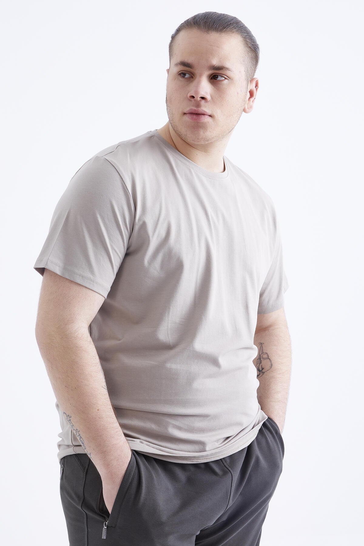 Dark Beige Basic Short Sleeve O Neck Large Size Men's T-Shirt - 88072