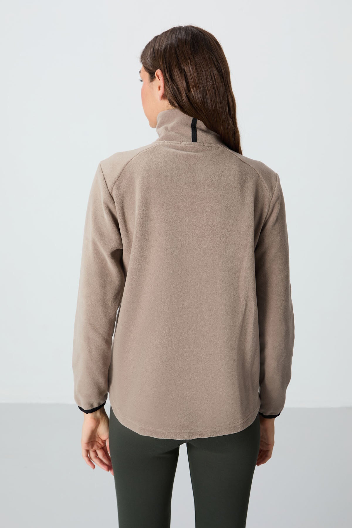 Dark Beige Thick Collar Zippered Comfort Fit Women's Fleece Sweatshirt - 97173