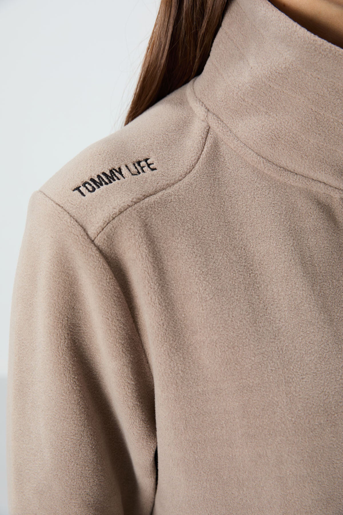 Dark Beige Thick Collar Zippered Comfort Fit Women's Fleece Sweatshirt - 97173