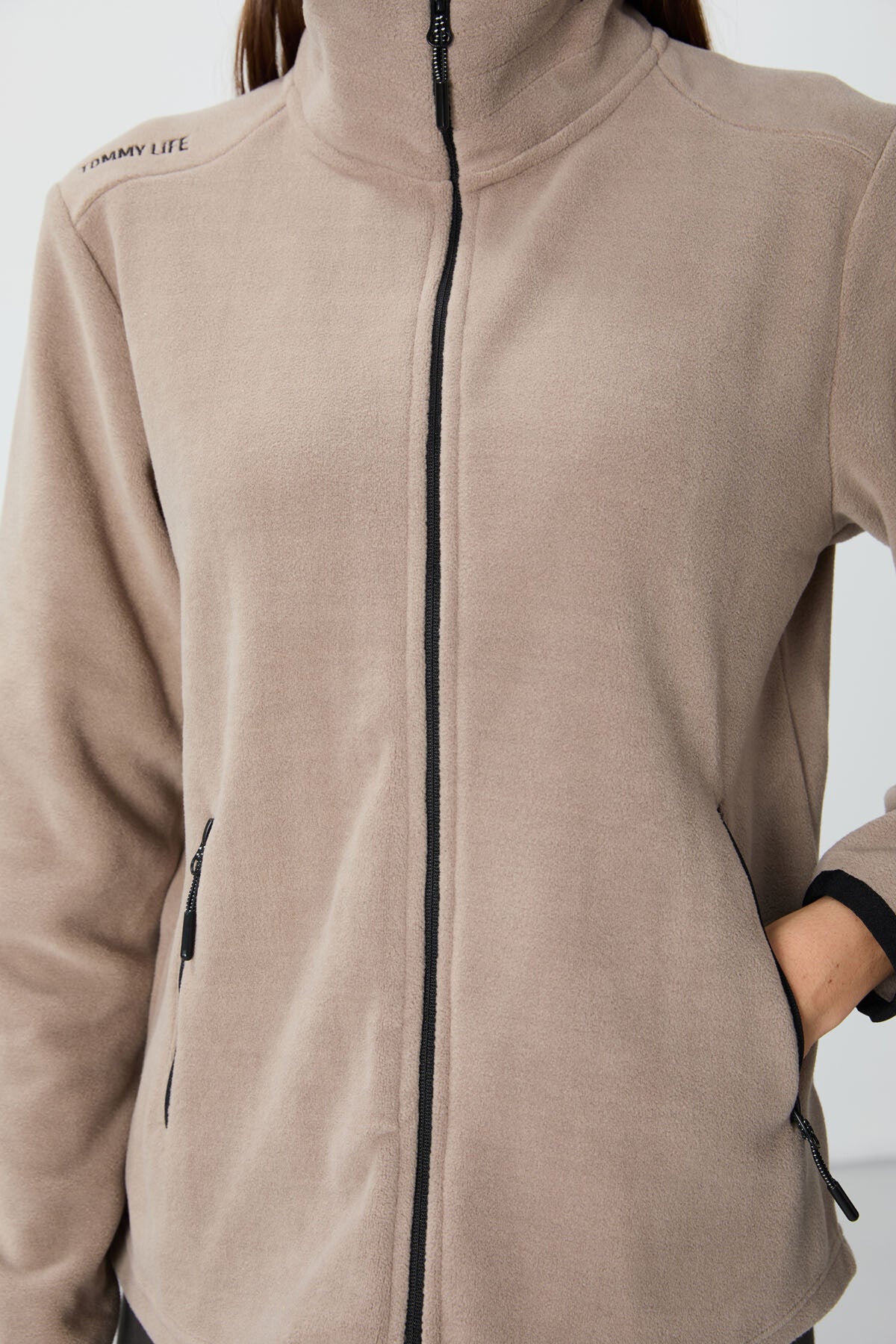 Dark Beige Thick Collar Zippered Comfort Fit Women's Fleece Sweatshirt - 97173
