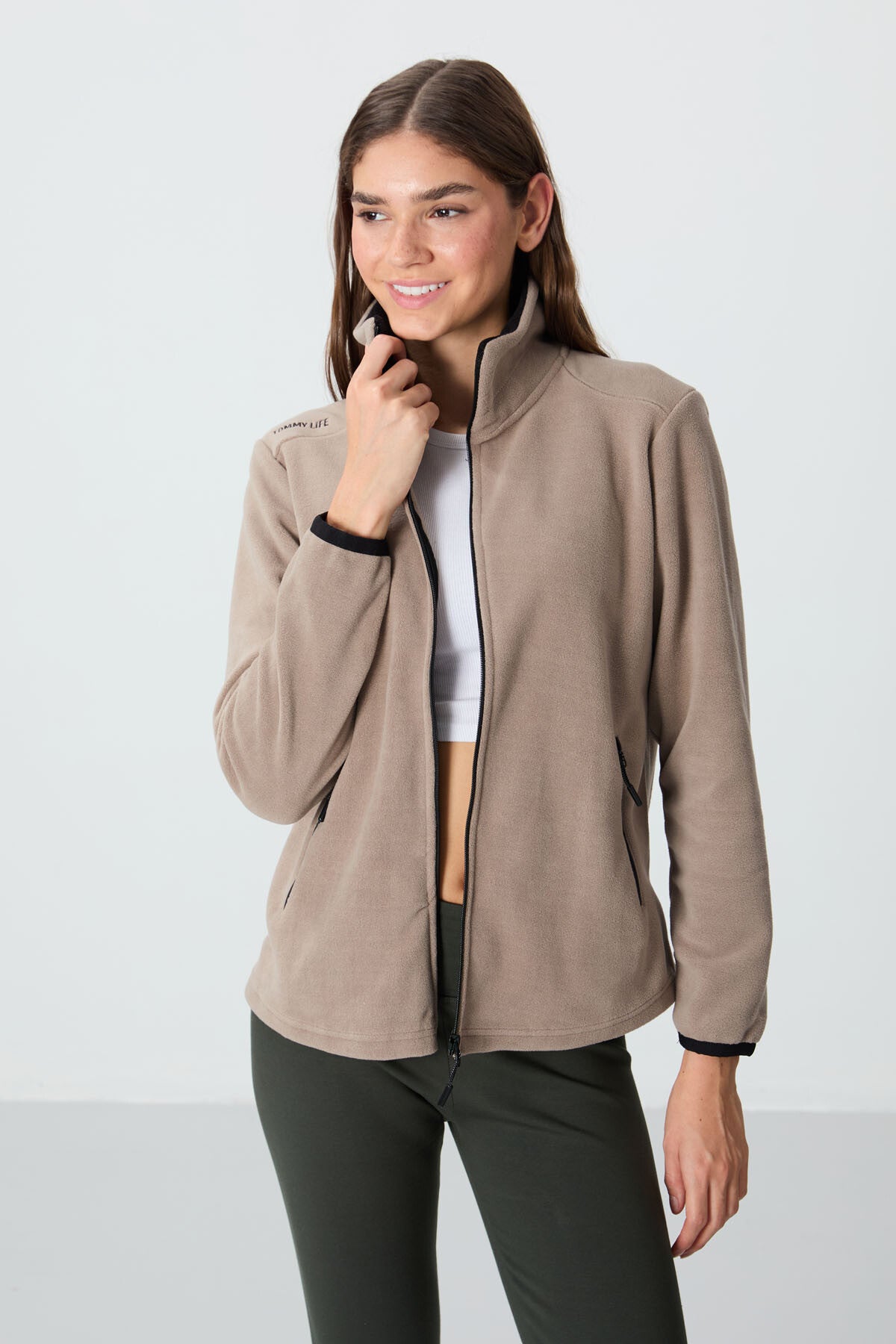 Dark Beige Thick Collar Zippered Comfort Fit Women's Fleece Sweatshirt - 97173