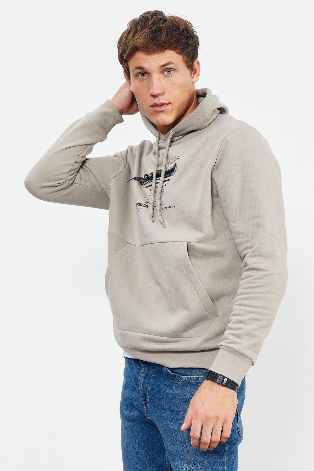 Dark Beige Printed Hooded Kangaroo Pocket Comfort Fit Men's Sweatshirt - 88019