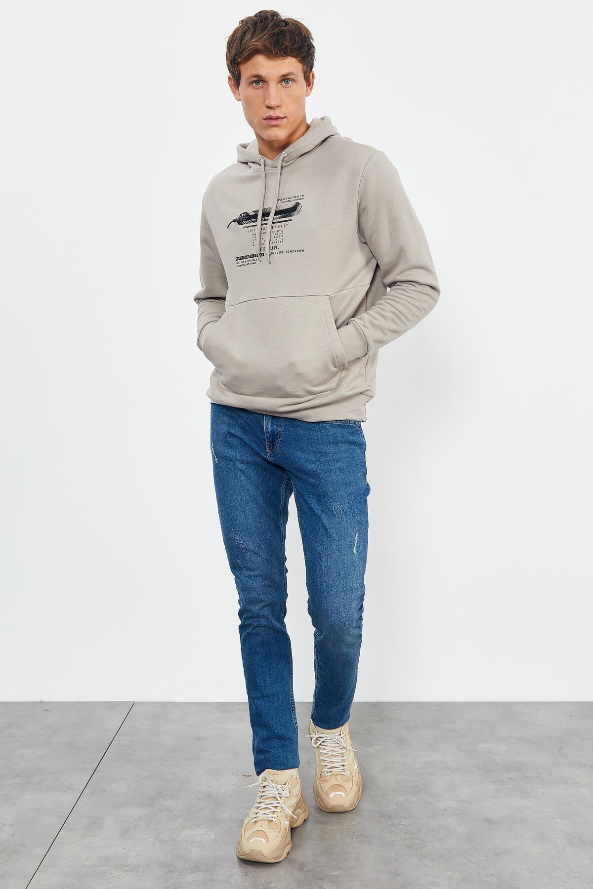 Dark Beige Printed Hooded Kangaroo Pocket Comfort Fit Men's Sweatshirt - 88019