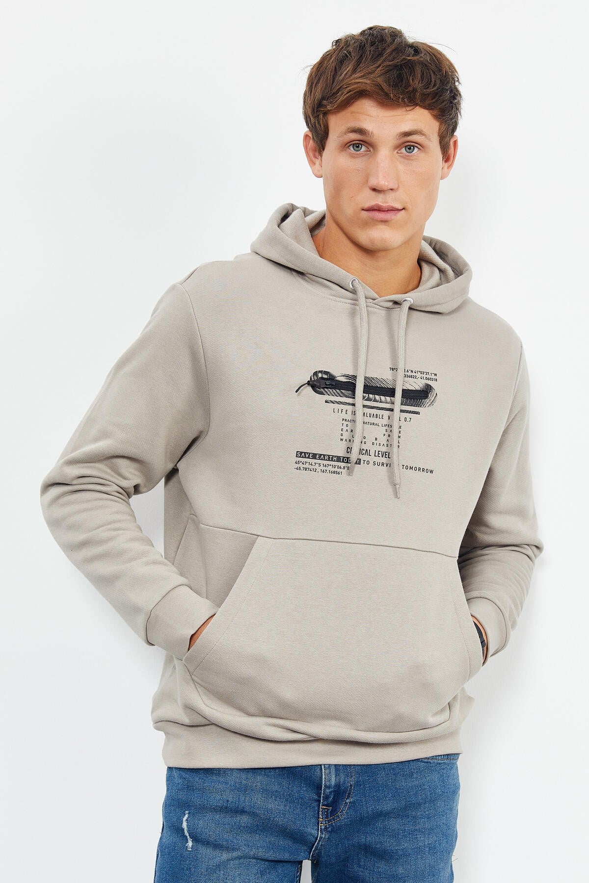 Dark Beige Printed Hooded Kangaroo Pocket Comfort Fit Men's Sweatshirt - 88019