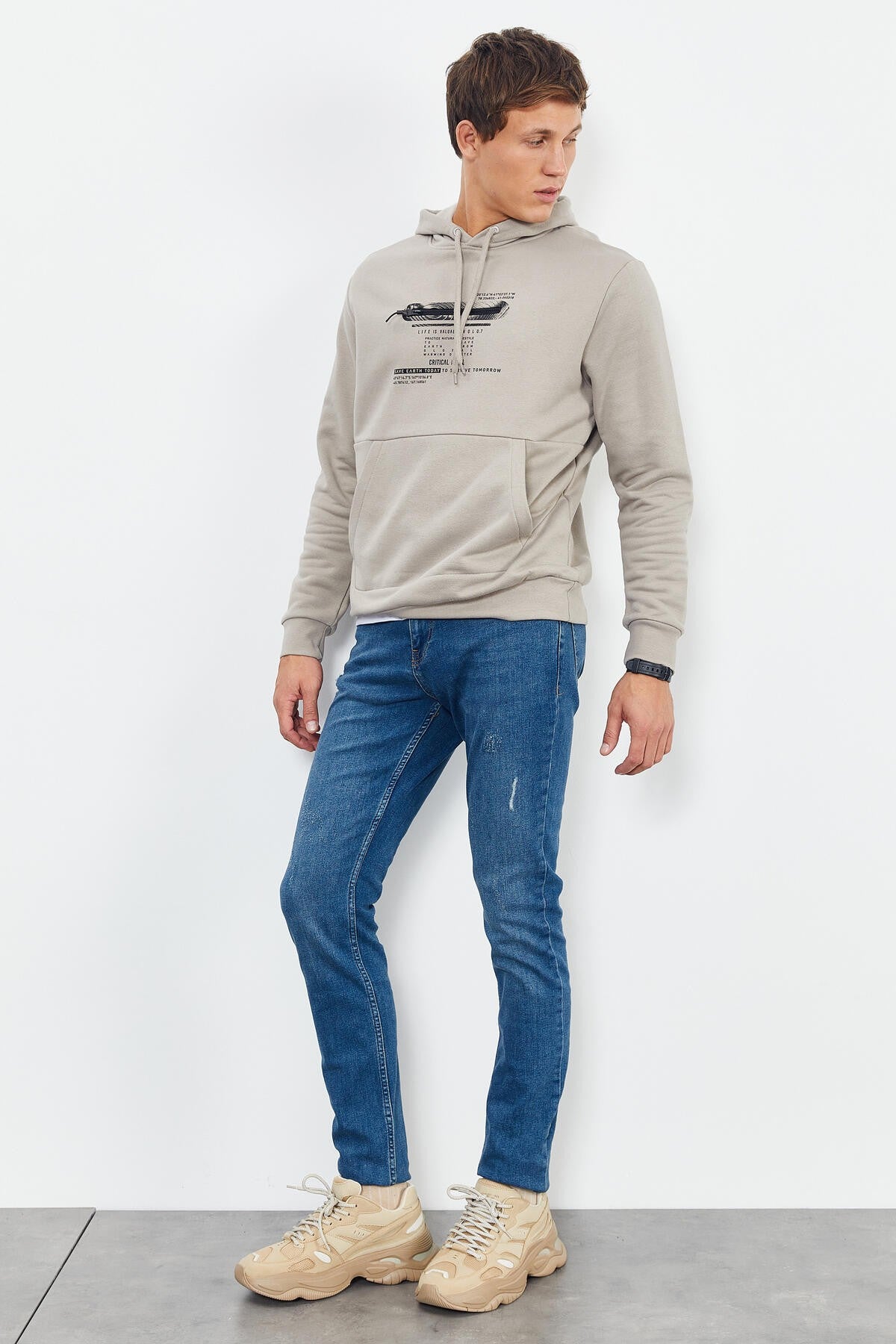 Dark Beige Printed Hooded Kangaroo Pocket Comfort Fit Men's Sweatshirt - 88019