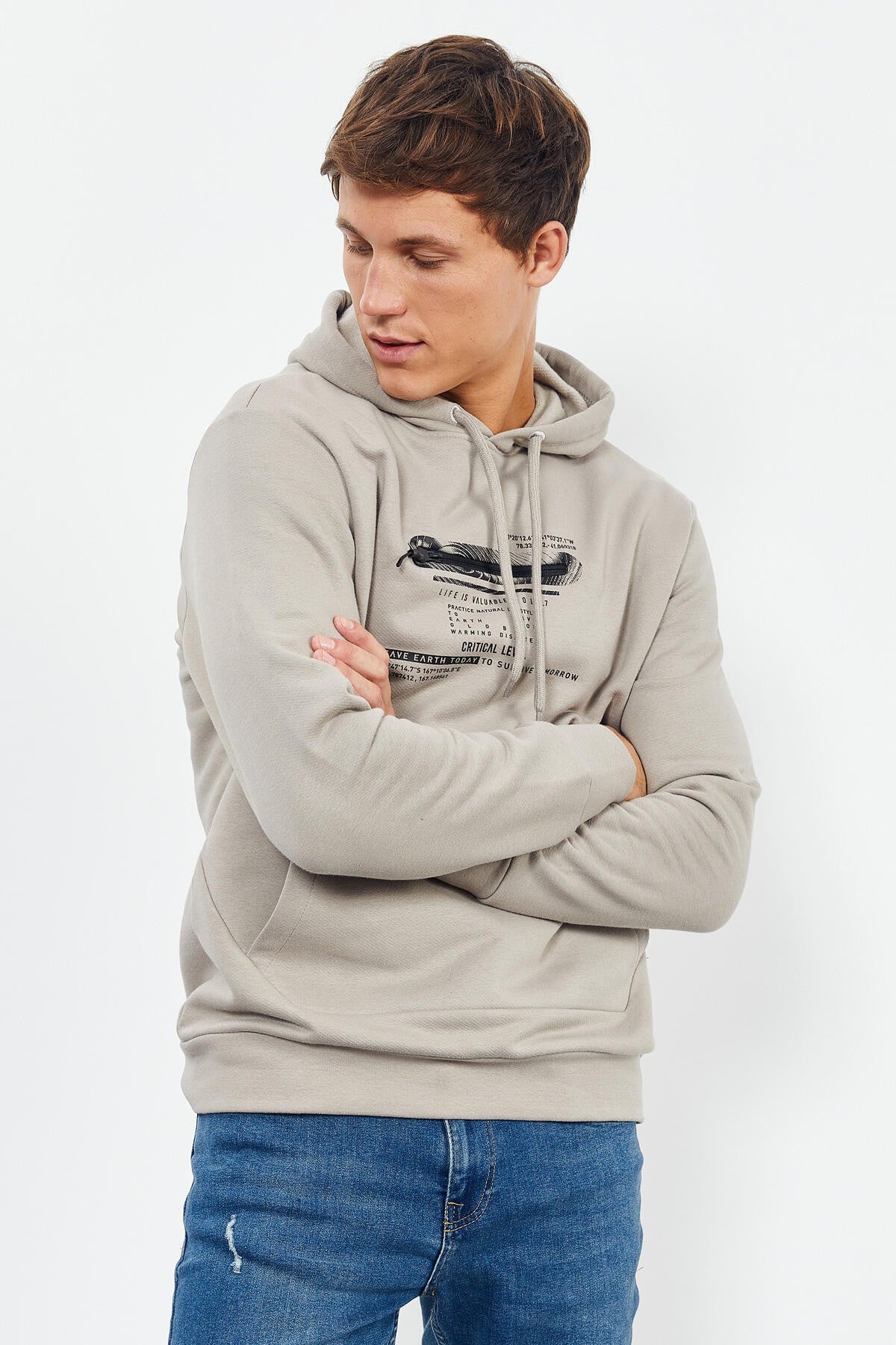 Dark Beige Printed Hooded Kangaroo Pocket Comfort Fit Men's Sweatshirt - 88019