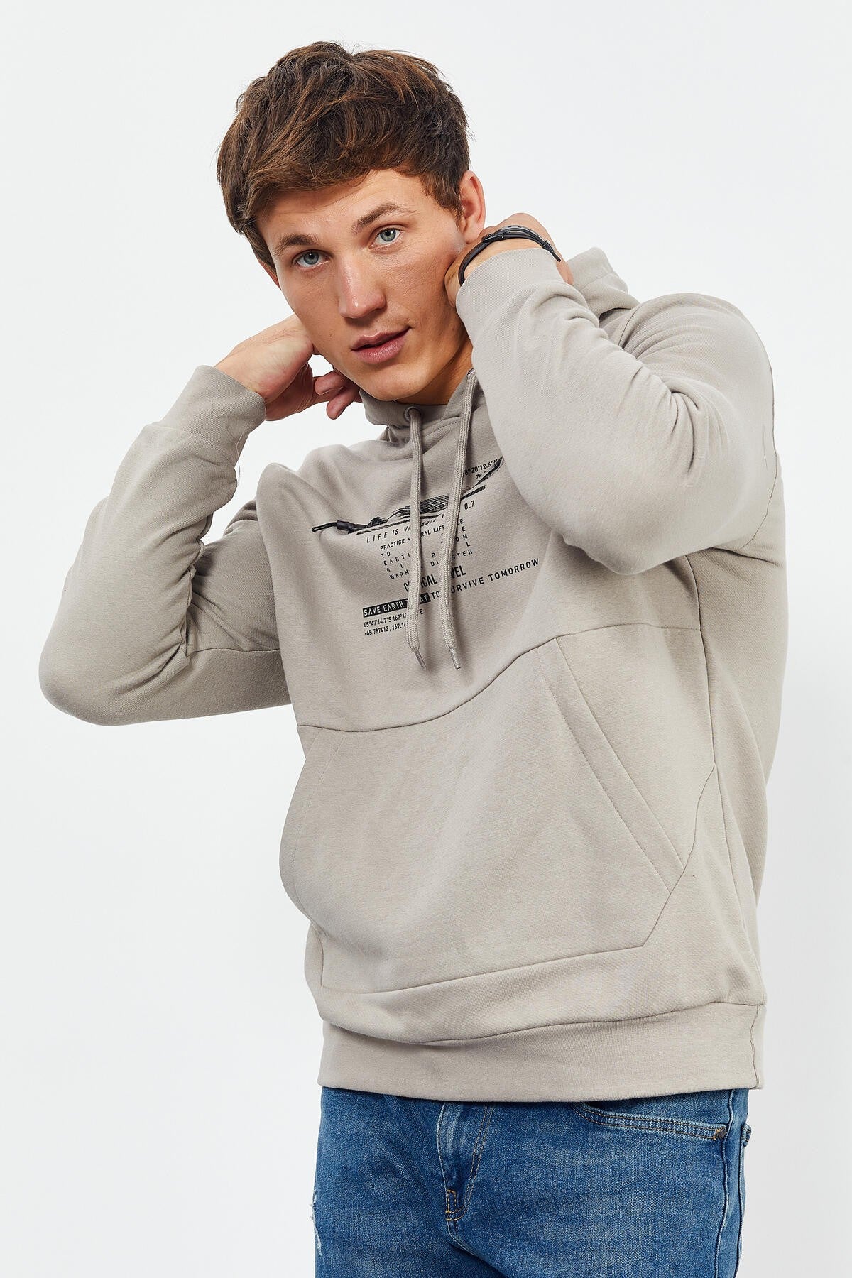 Dark Beige Printed Hooded Kangaroo Pocket Comfort Fit Men's Sweatshirt - 88019