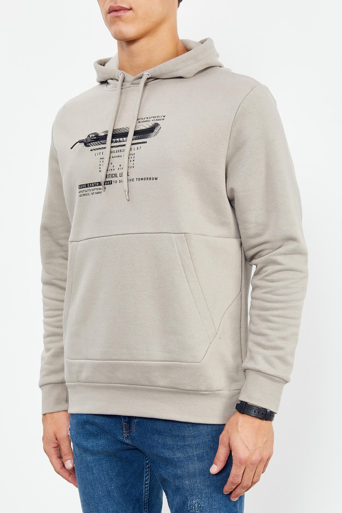 Dark Beige Printed Hooded Kangaroo Pocket Comfort Fit Men's Sweatshirt - 88019