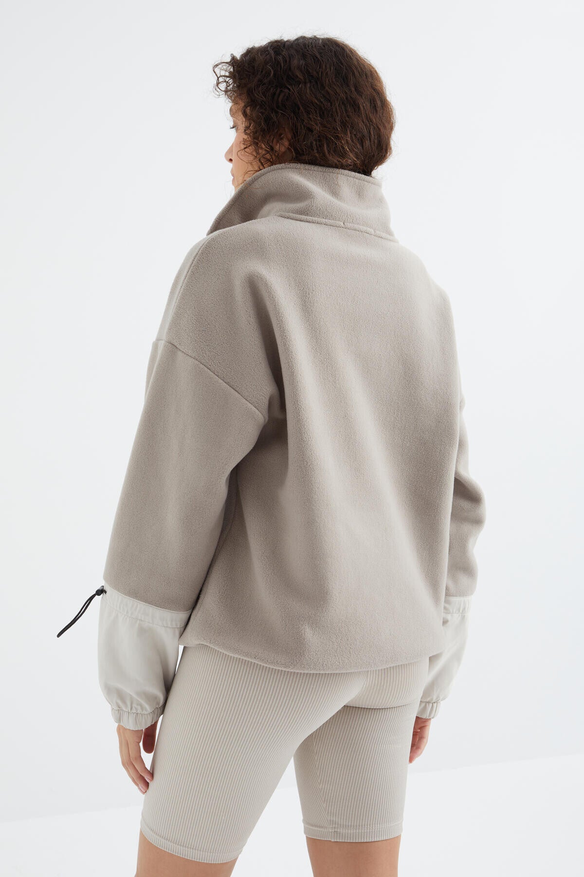 Dark Beige Skirt Hem Gathers Half-Zip Oversize Women's Fleece Sweatshirt - 97238
